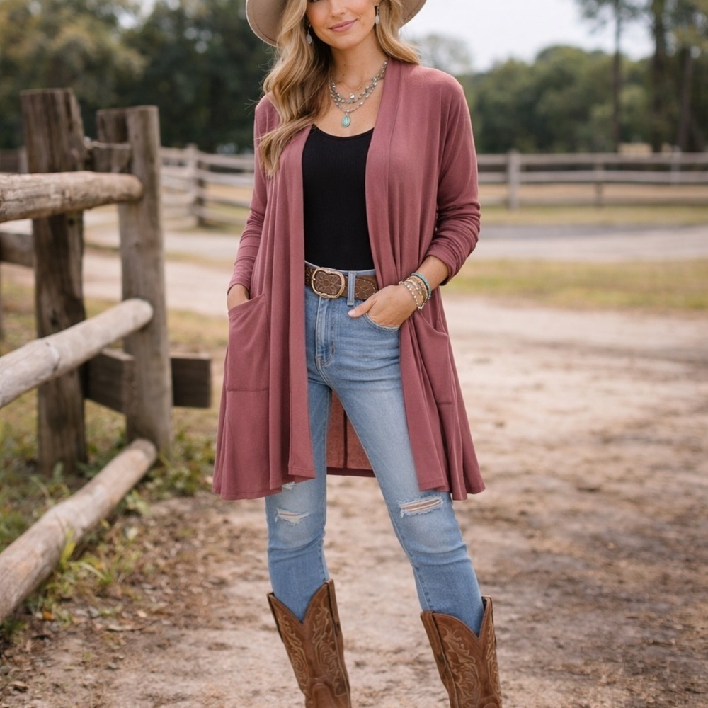 Agnes & Dora Cascade Cardigan Duster Marsala Open Front Soft Modal Pockets NWT